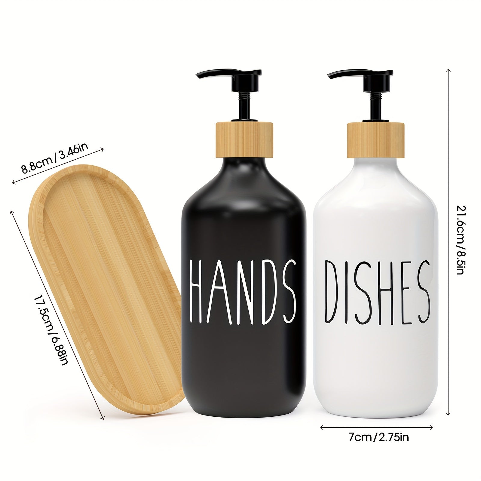 Set of 2 Refillable Soap Dispensers with Wooden Tray for Bathroom