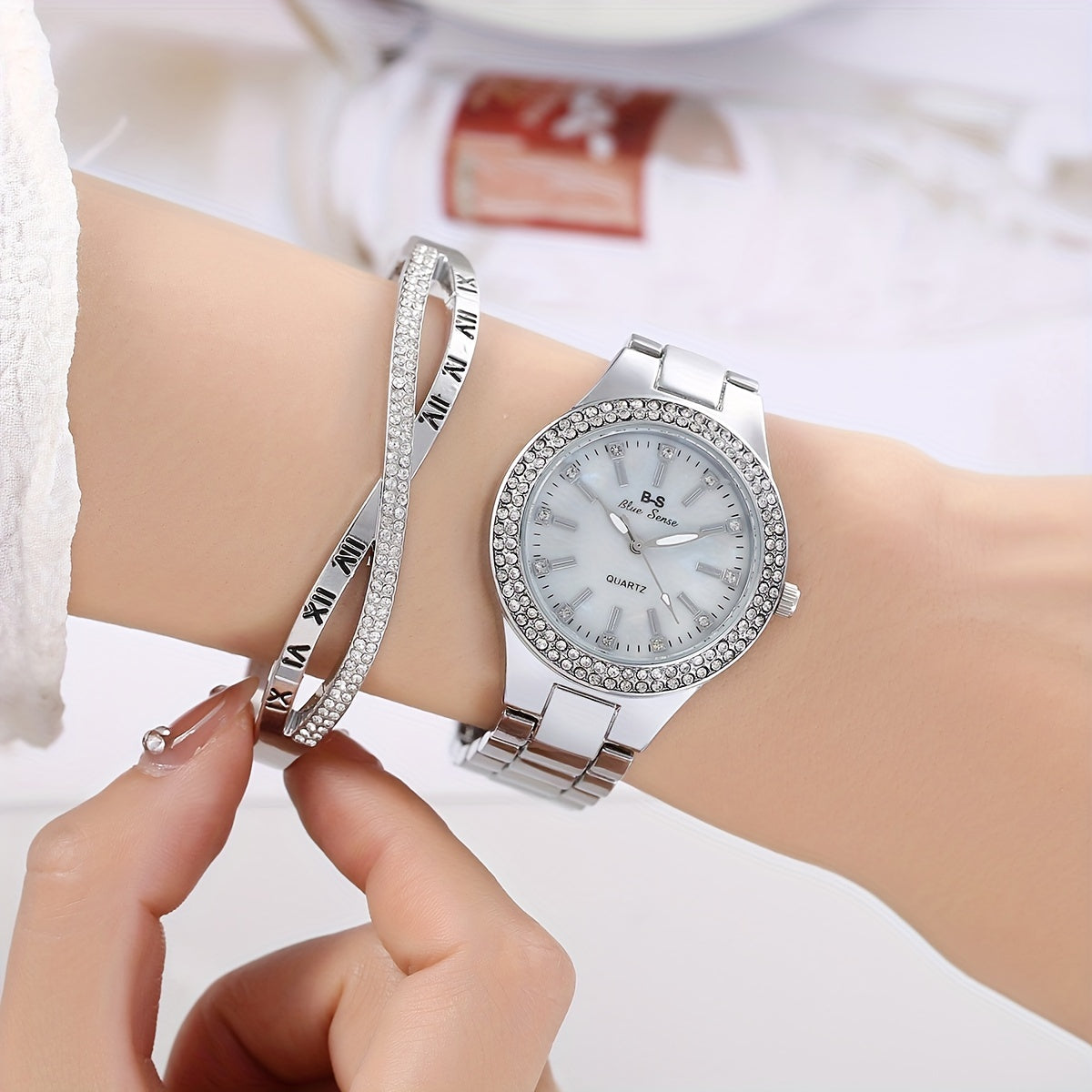 Ladies Cross Bracelet with Steel Strap and Nail Design