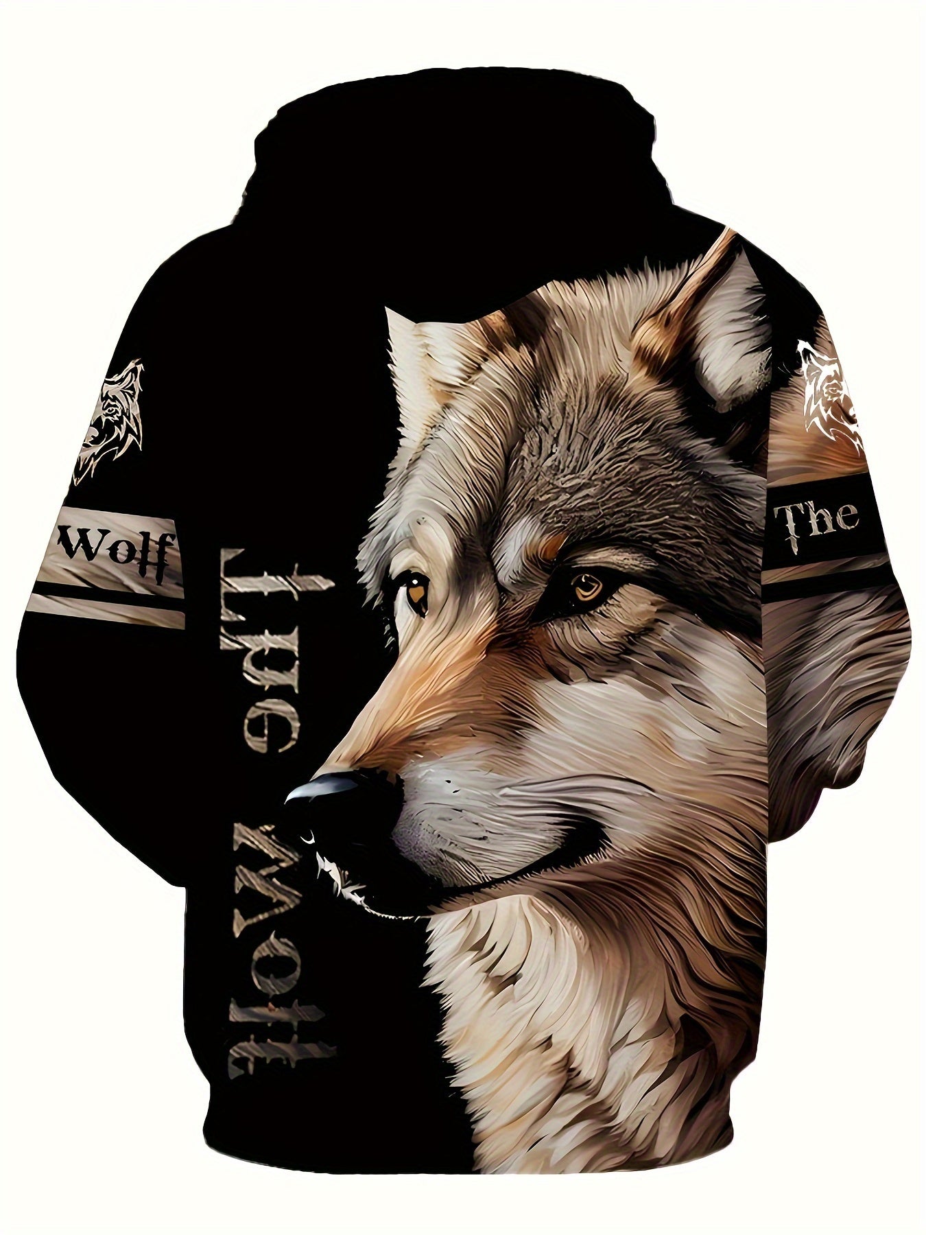 Plus Size Men's Hoodie with Wolf Print Casual Drawstring Machine Washable