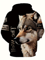 Plus Size Men's Hoodie with Wolf Print Casual Drawstring Machine Washable