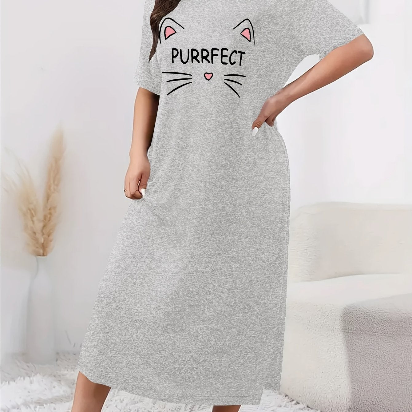 Plus Size Women's Long Sleeve Sleep Dress Cozy Grey Nightgown All-Season Lounge