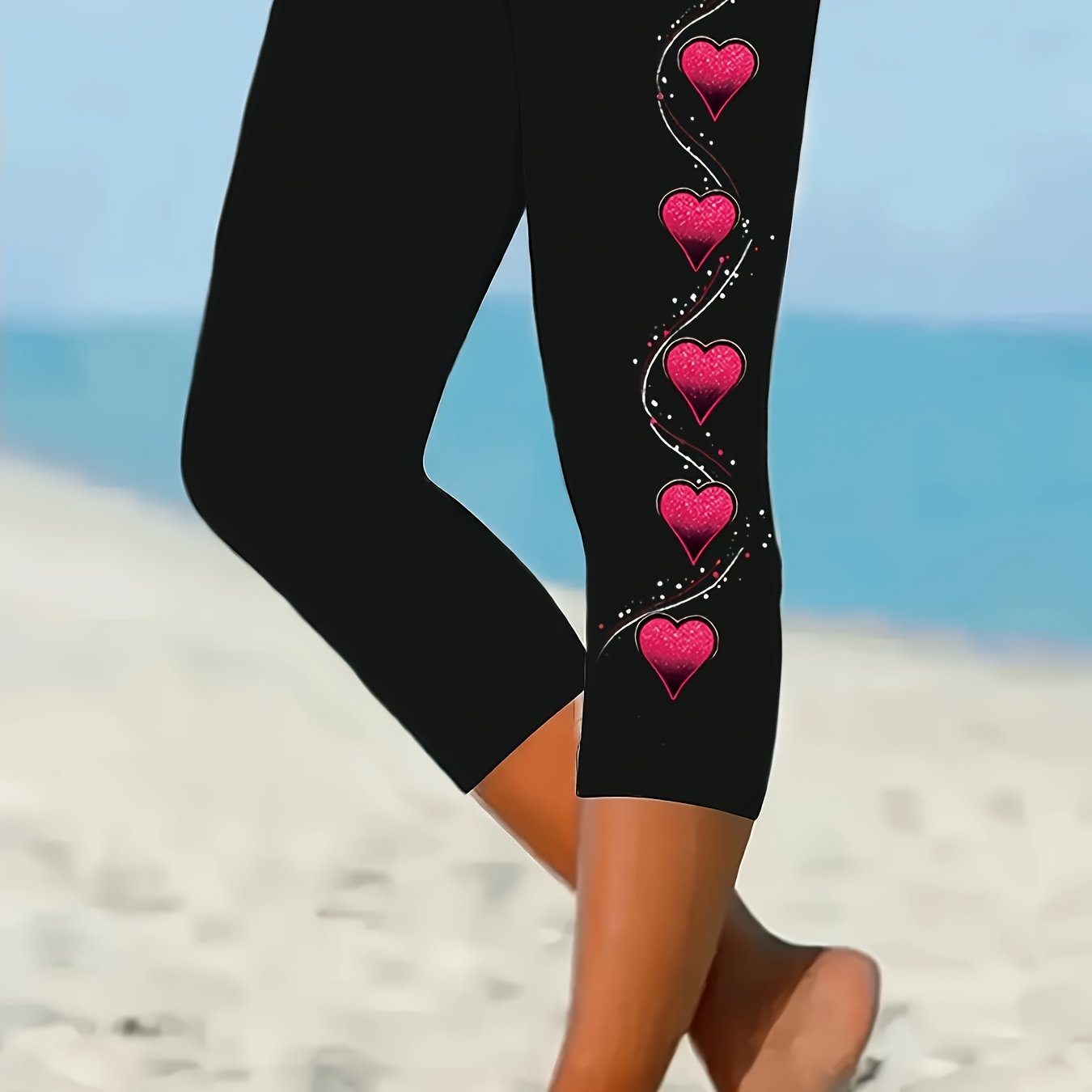 Women’s Black Skinny Leggings with Pink Heart and Star Print Beach Wear