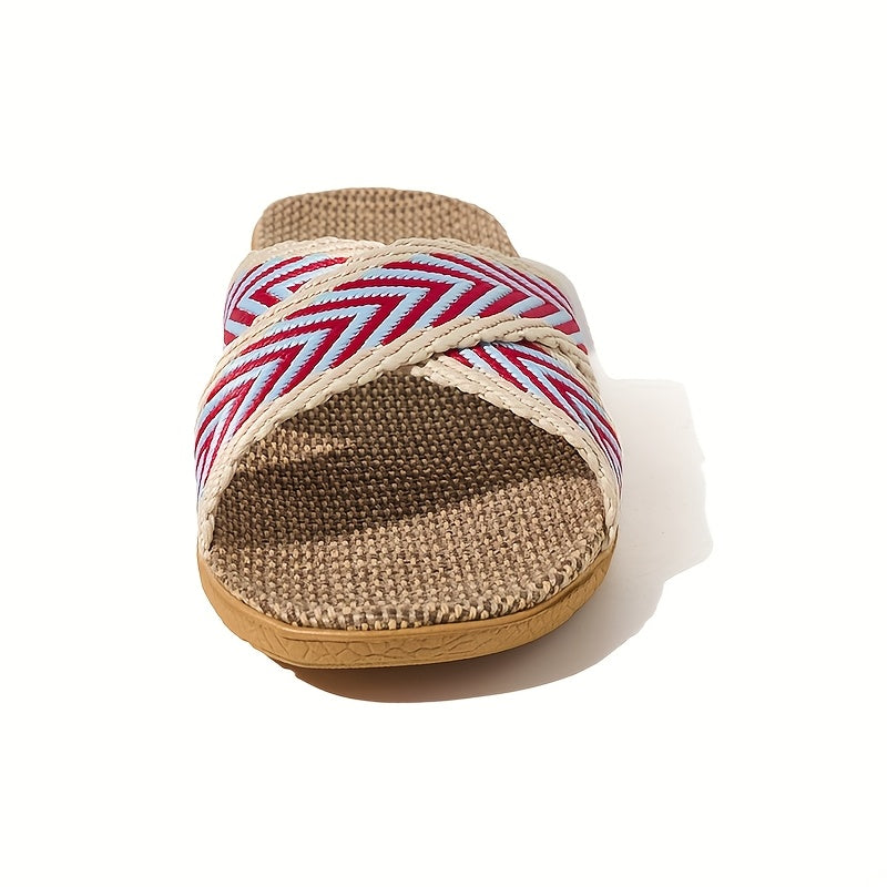 Women's Linen Slides Black and White Chevron Casual Sandals