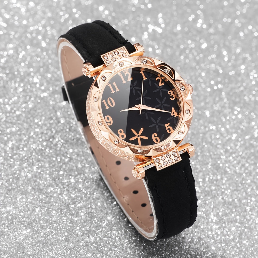 6 ta ayollar moda soatlari va bilakuzuklar to'plami, kvarts, rhinestone, sun'iy charm, gulli qobiq bilan