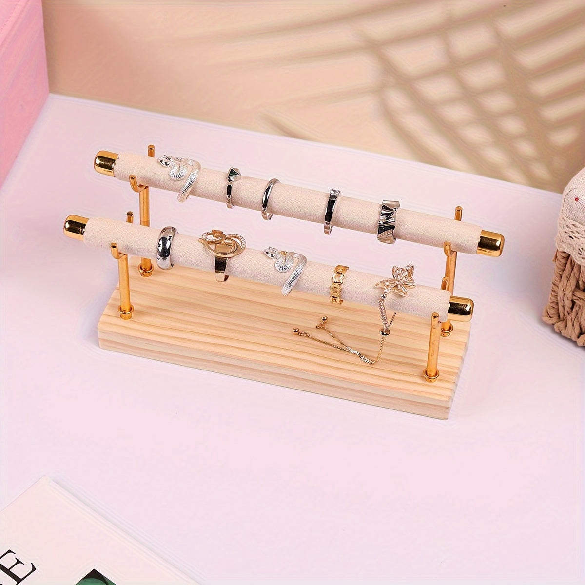 Wooden Jewelry Organizer with Velvet Stripe Ring and Watch Display Stand