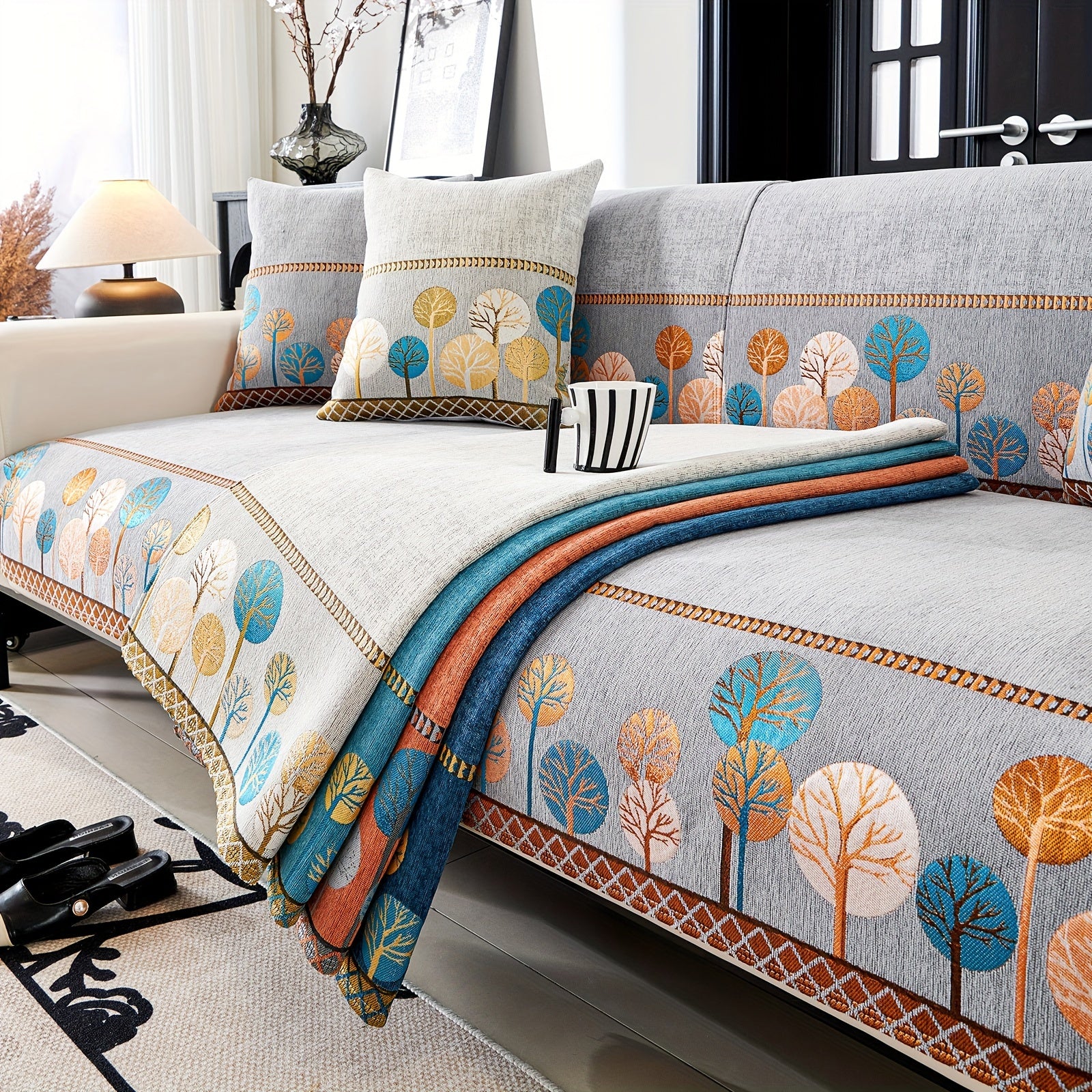 Chenille Sofa Cover with Tree Embroidery Pet-Friendly Slip-Resistant Easy to Clean Fits Various Sofa Sizes for Living Room and Home Decor