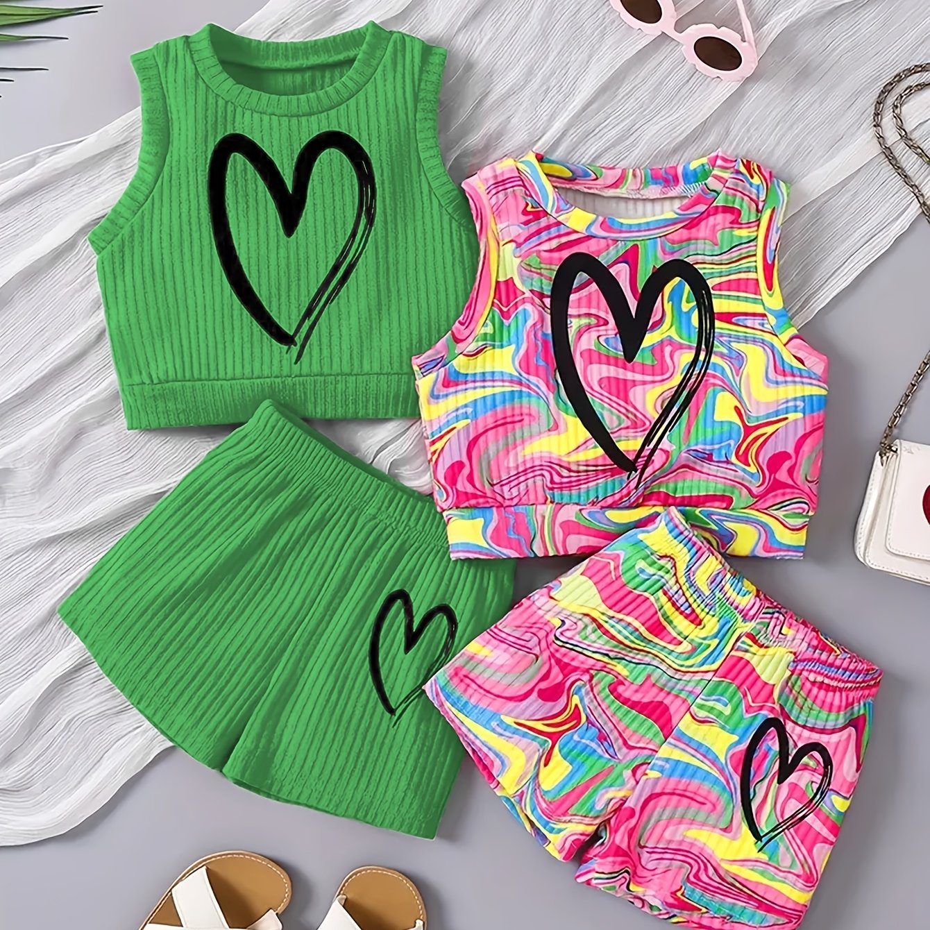 Girls Summer Outfit Set 4 Pieces Heart Print Tank Top and Shorts Polyester Knit Casual