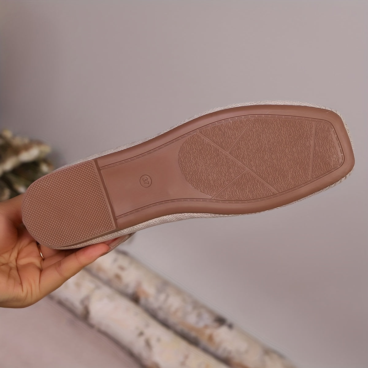 Women's Slip-On Square Toe Flats - Soft Fabric Upper Beige All-Season