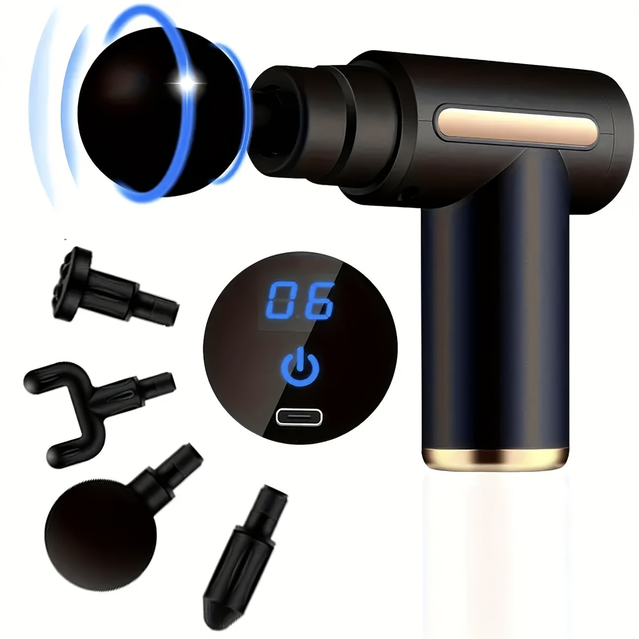 LCD displeyli, 6 tezlik sozlamalari, 4 zarba boshli, bir rangli, PVC materialdan yasalgan, to'liq tana chuqur mushaklarni bo'shatish uchun USB orqali zaryadlanadigan fasial massaj quroli.