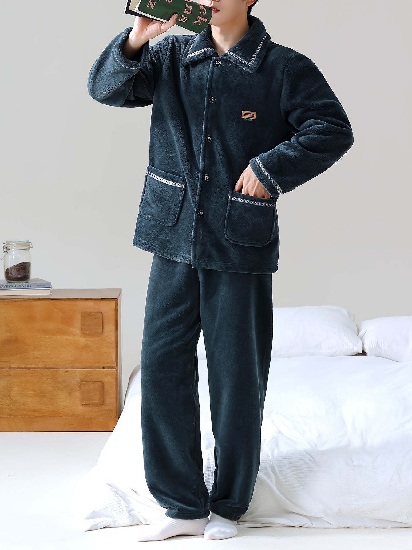 Conjunto de pijama de franela a rayas casual para hombre, de manga larga, de punto, poliéster, de corte holgado, para otoño e invierno