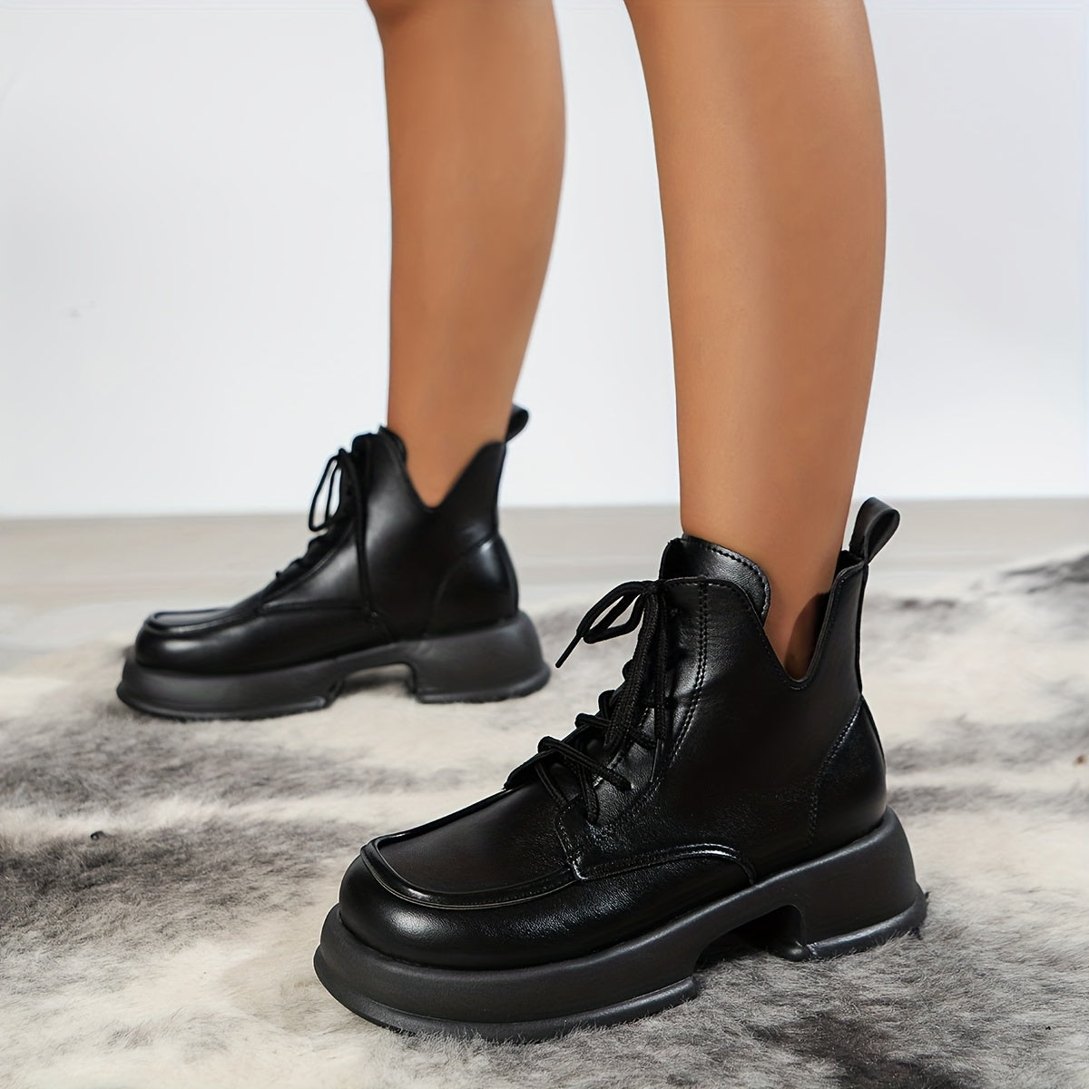 Women’s Black Faux Suede Chunky Platform Ankle Boots with Mid-Heel