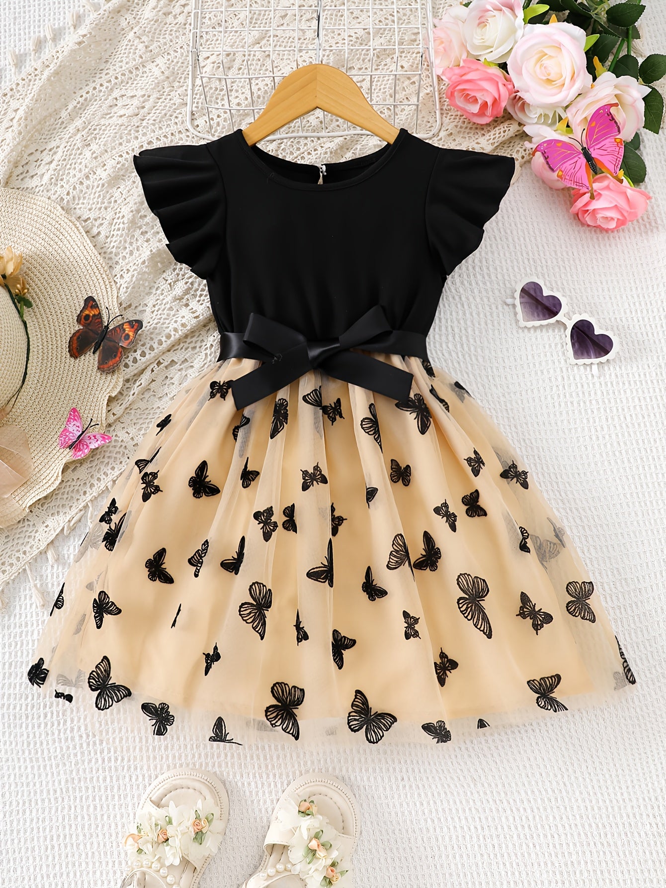 Girls' Casual Polyester Dress with Butterfly Tulle Overlay Ruffle Sleeves Crew Neck for Spring Summer Fall