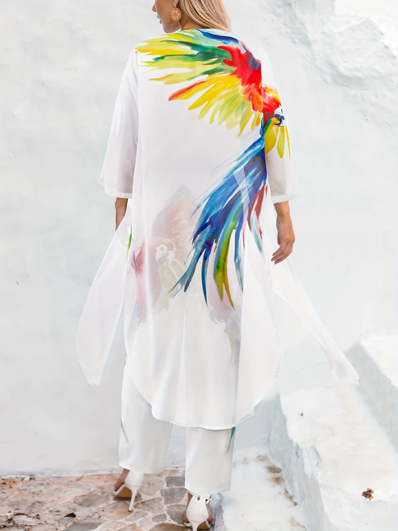 Women's Parrot Print Swimsuit Set with Long Sleeve Cover Up Kimono and Loose Fit Pant