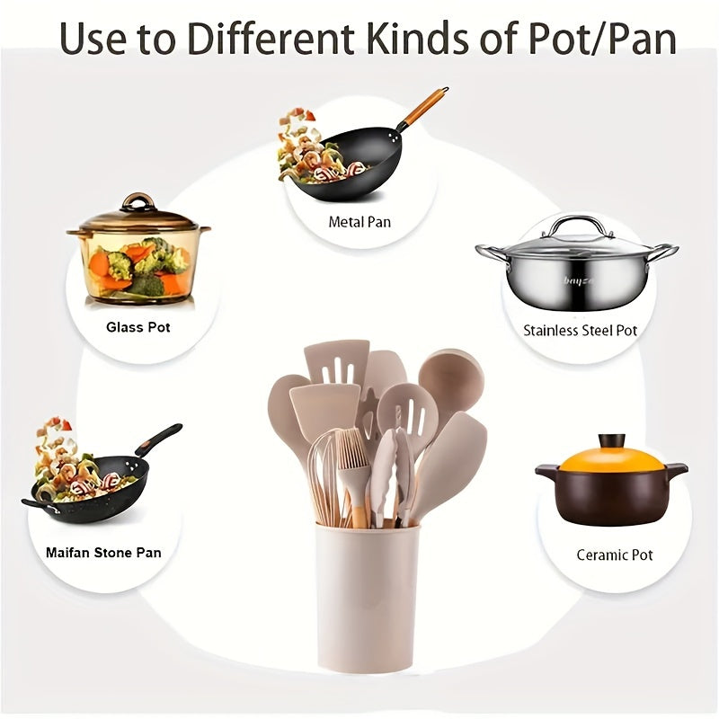 Премиум набор кухонных принадлежностей из силикона с деревянными ручками - включает 6 основных предметов: лопатка, ложка, шпатель, кисточка и венчик. Устойчив к высоким температурам и безопасен для посуды с антипригарным покрытием, без BPA.