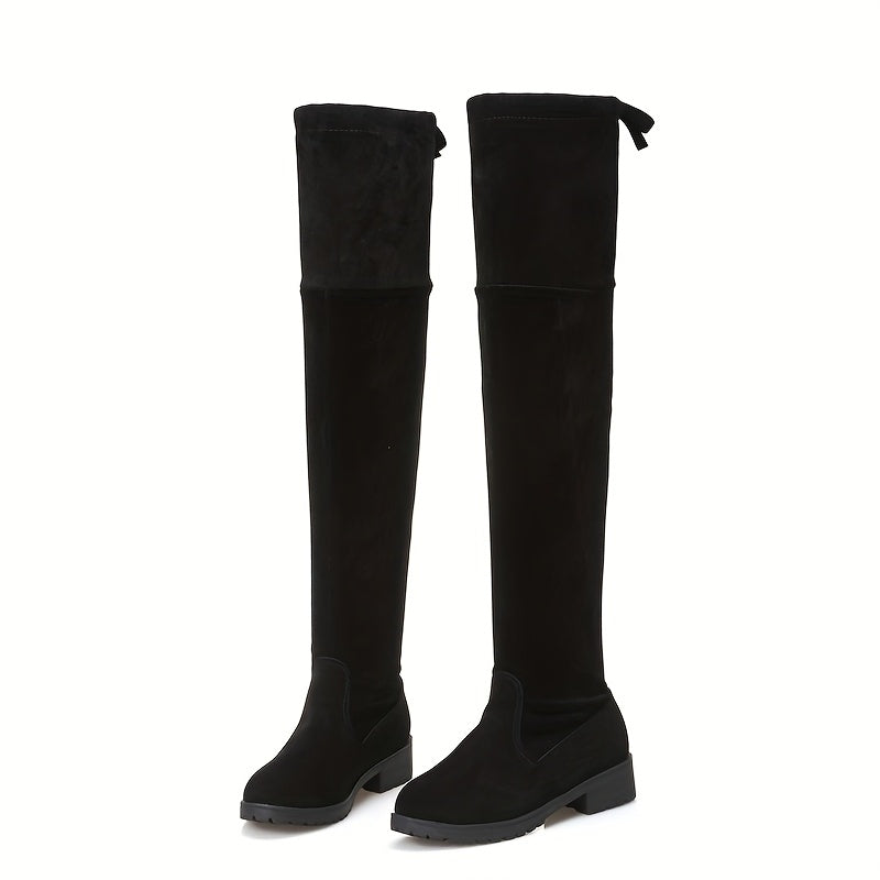 Women Black Fleece-Lined Over-the-Knee Boots Mid-Heel Round Toe Winter Footwear