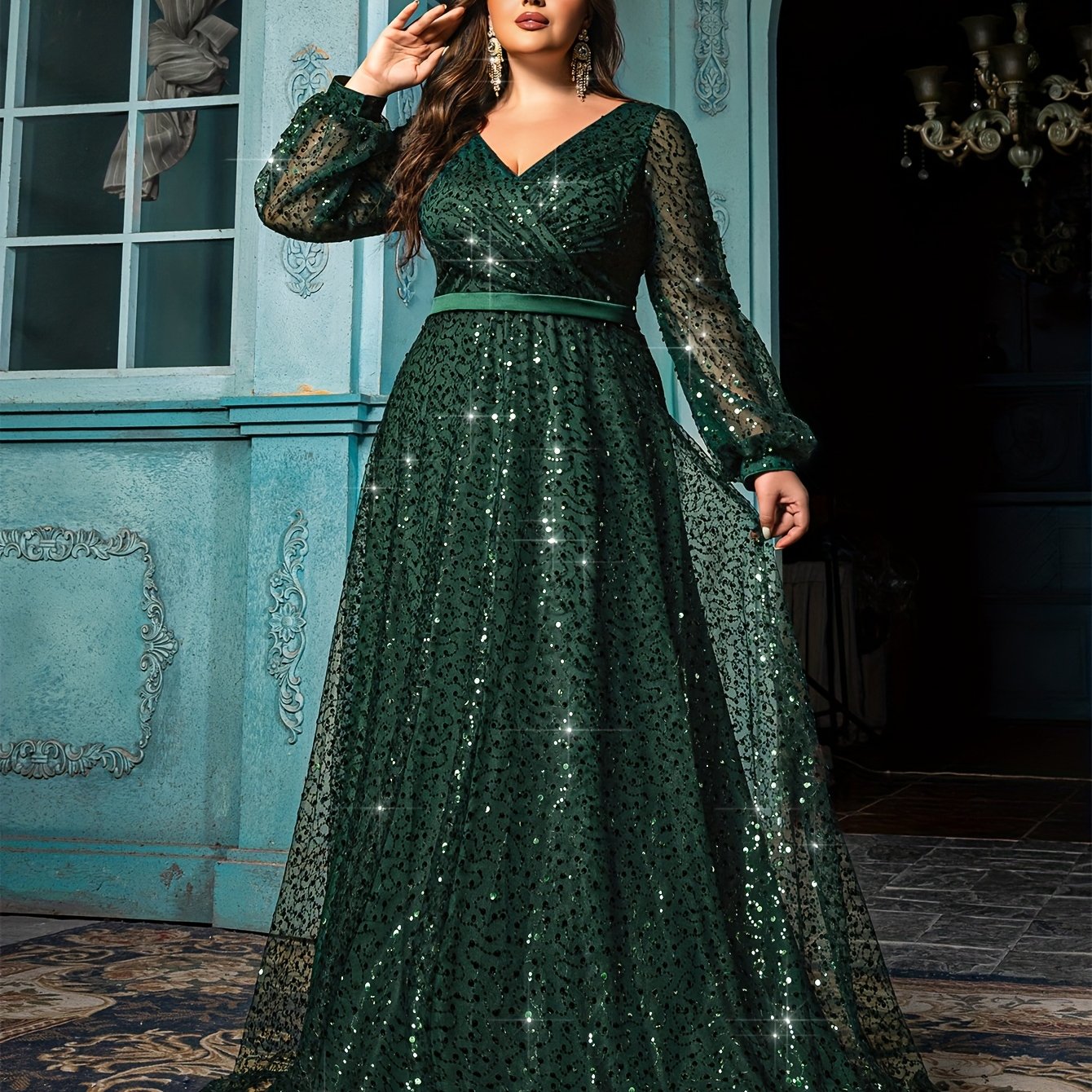 Women Emerald Green Sequin V-Neck Gown with Lantern Sleeves Formal Evening Dress
