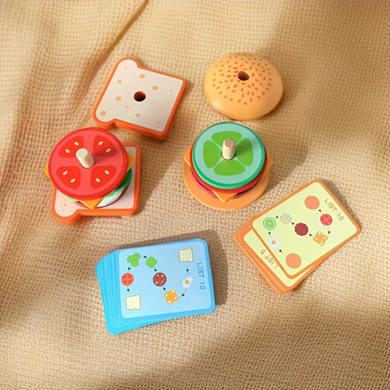 Kids Wooden Pretend Food Set for Kids Kitchen Play with Sandwich and Hamburger Toys