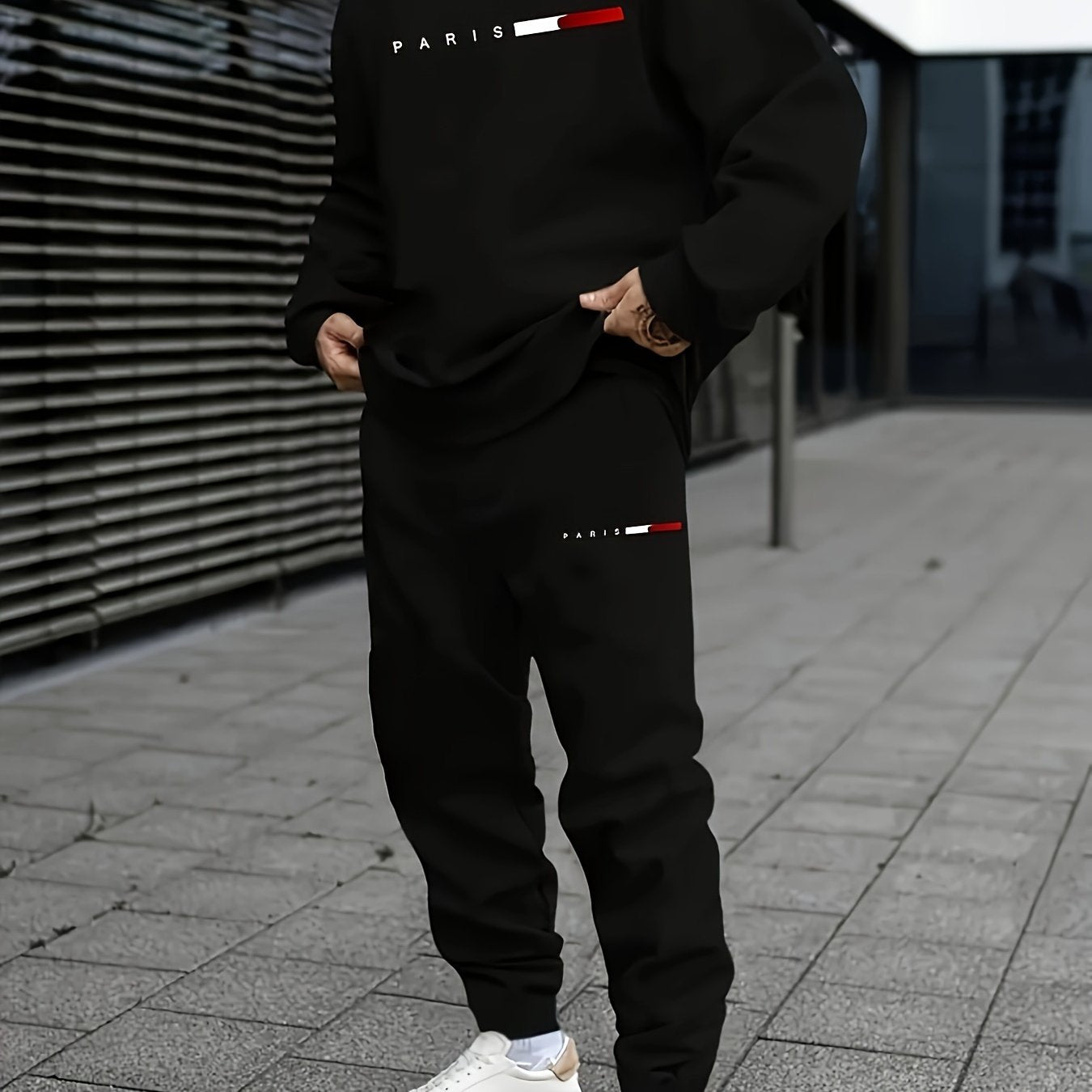 Men's Fall 2-Piece Pajama Set with Paris Print Crew Neck Top and Pockets