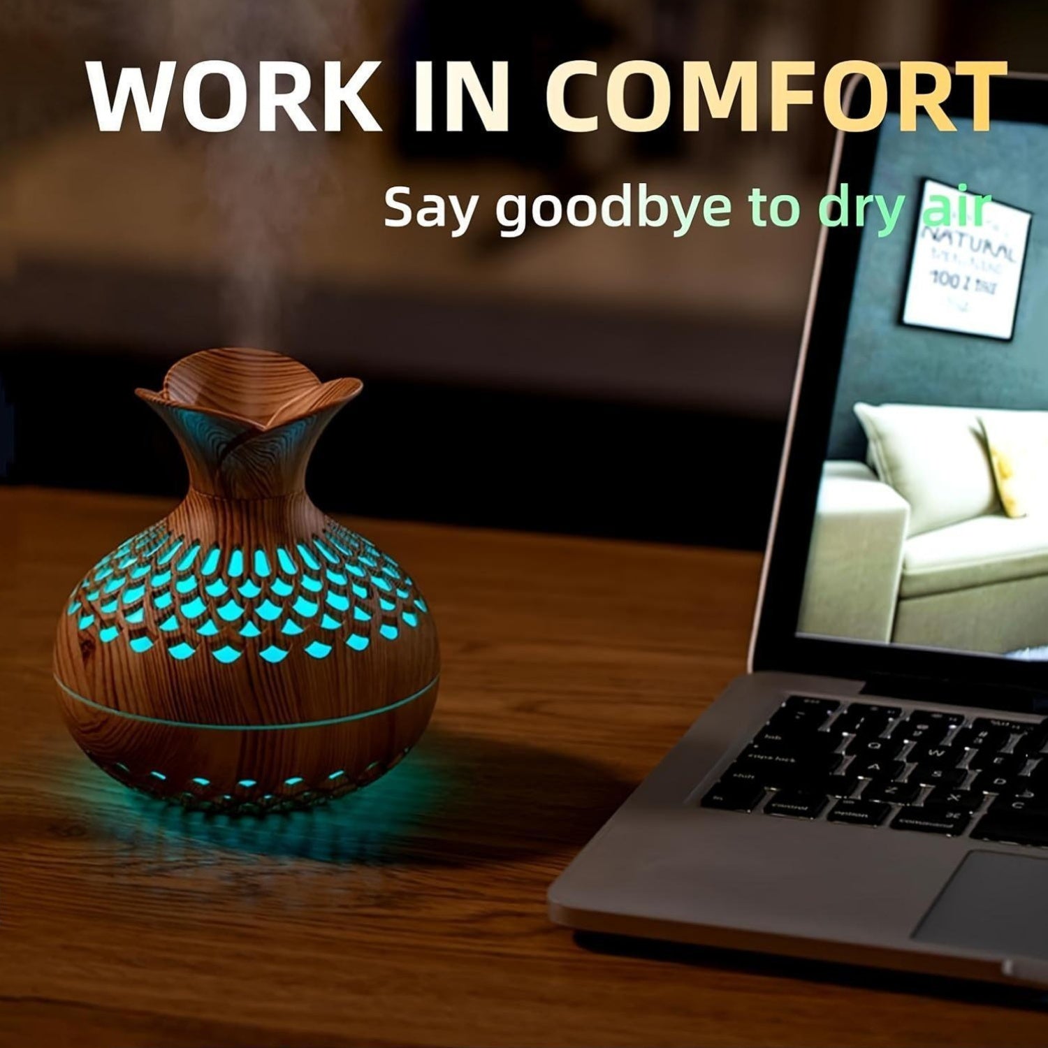 Wood Grain Aroma Humidifier USB Cold Fog Evaporative Humidifier for Bedroom and Multiple Rooms