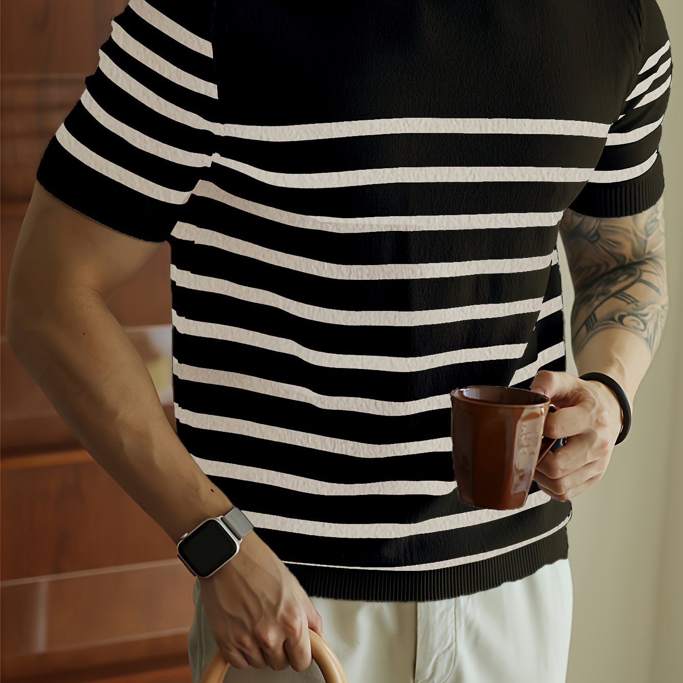 Men's Striped Knit Pullover Lightweight Casual Crew Neck Polyester All-Season