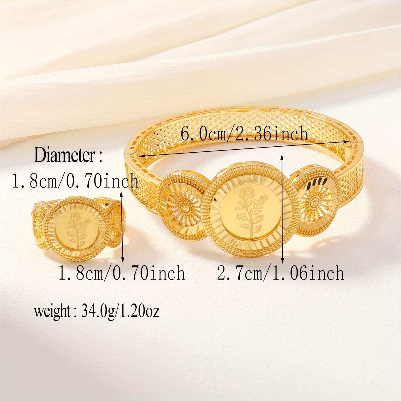 Vintage uslubidagi mis zargarlik to'plami, dumaloq Udan gul dizayni bilan, ayollar uchun 1 dona bilaguzuk va uzukni o'z ichiga oladi.