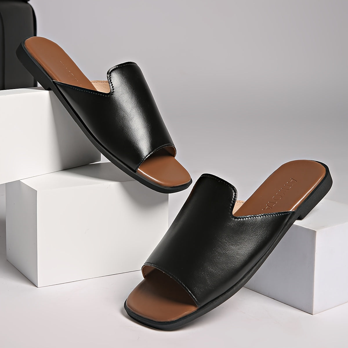 Women's Summer Flat Sandals Black Faux Cover Tan Sole Slip-On Arch Support