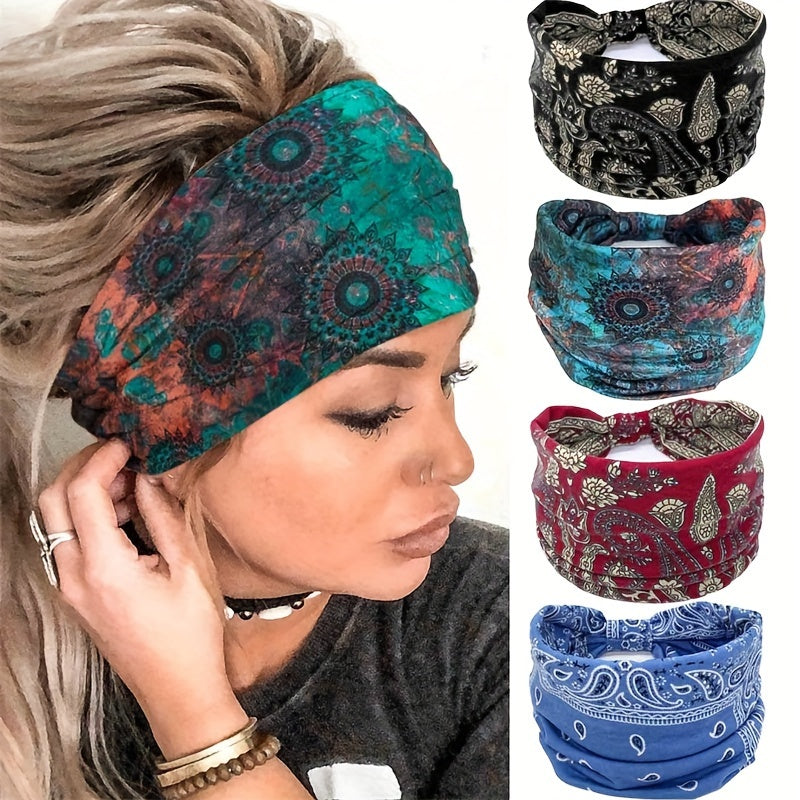 Set of 4 Boho Printed Elastic Knotted Headbands for Yoga Running Sports Women