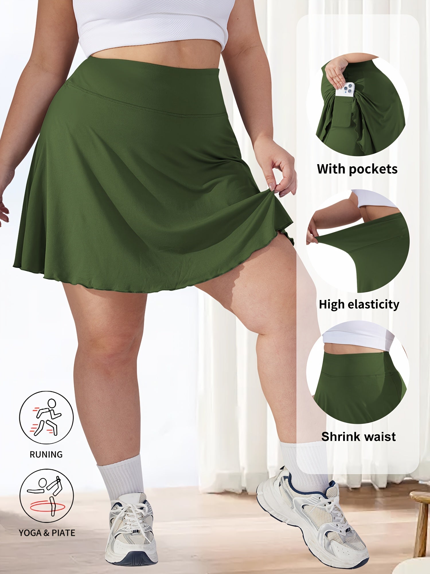 Pantalones cortos de falda acampanada de cintura alta para mujer talla grande con bolsillos, transpirables para verano