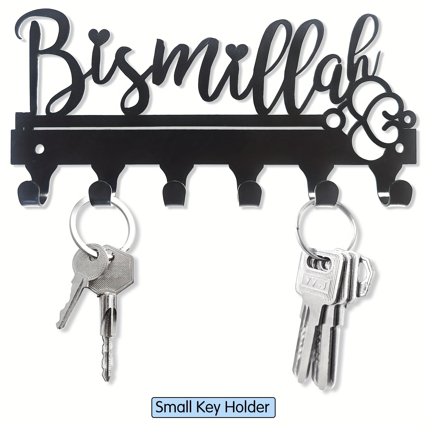 Black Metal Wall Mount Key Holder with Bismillah Design for Entryway and Kitchen