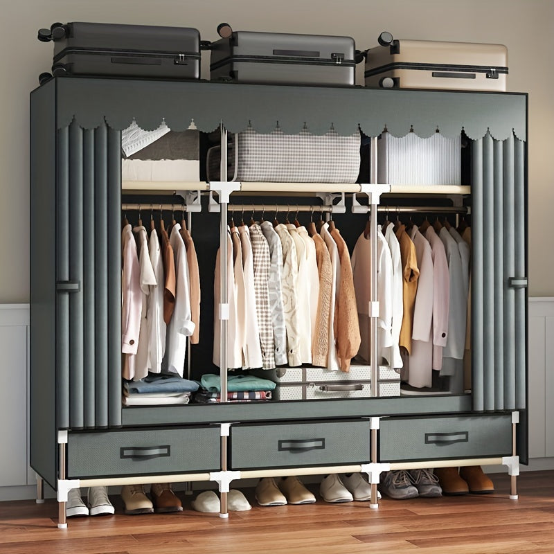 Modern Steel Wardrobe with Sliding Curtain for Bedroom or Dorm Storage