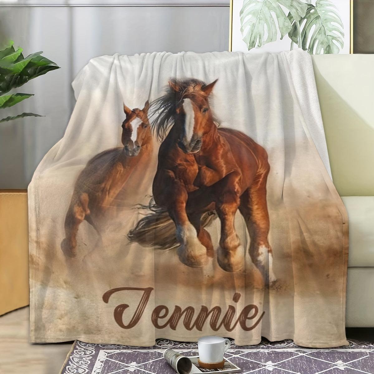 Personalized Horse Design Blanket with Custom Name for Sofa Bed Travel Office Hypoallergenic Knit Polyester