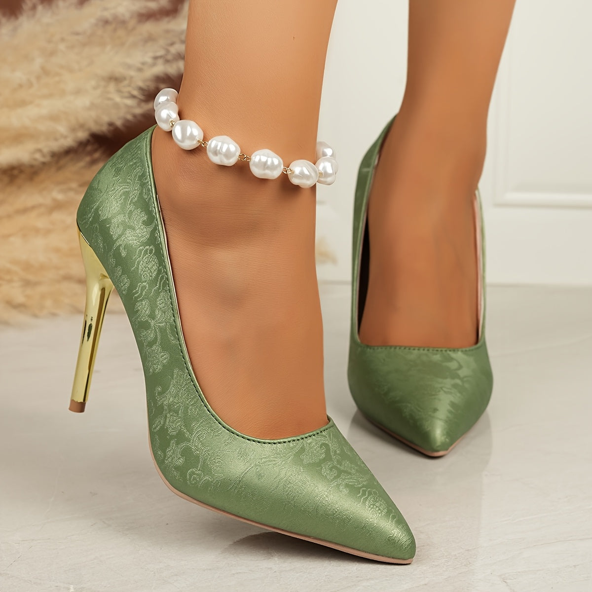 Women's Black Floral Embossed Pointed Toe High Heels with Gold Accents