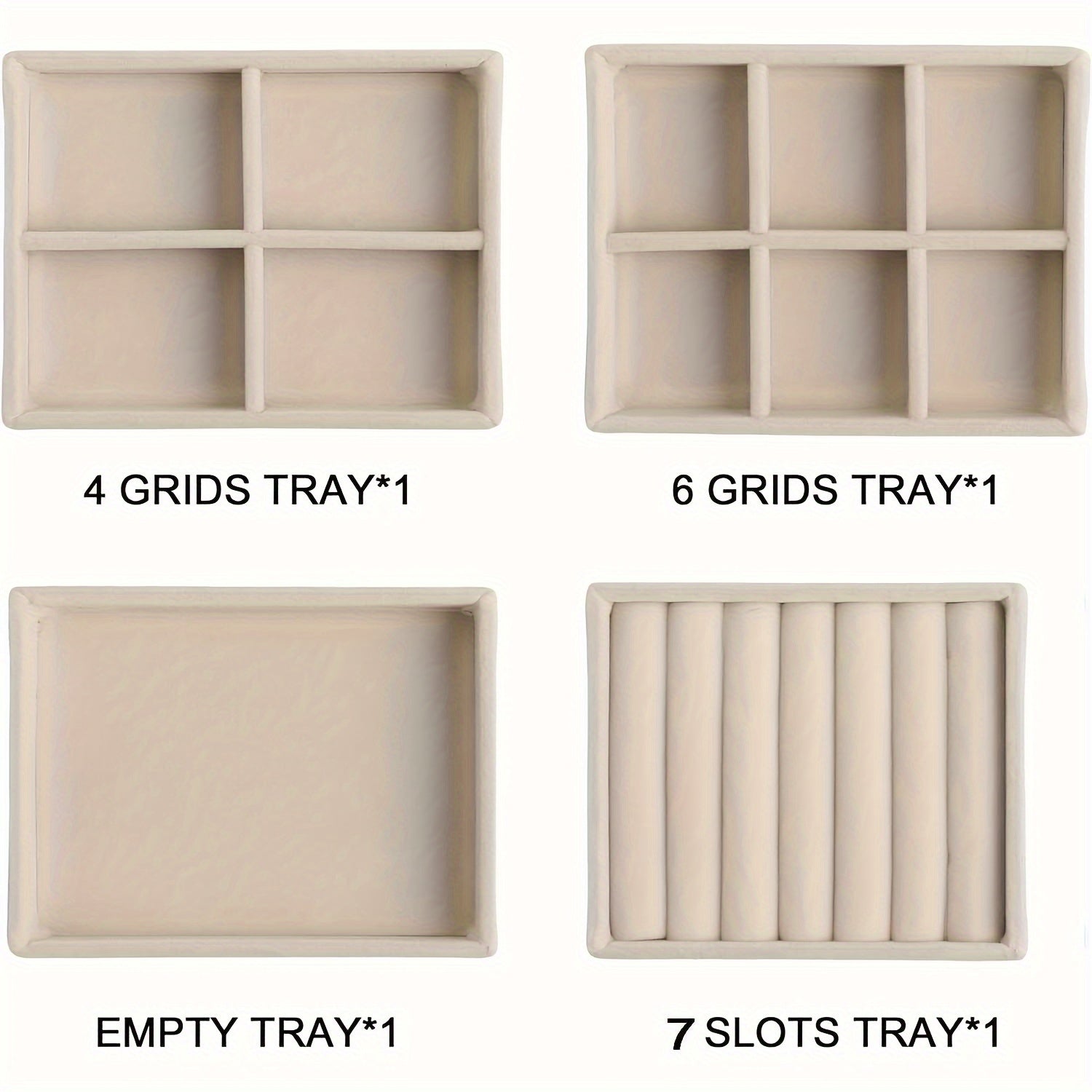 Набор органайзеров для украшений из бархата, состоящий из четырех штабелируемых вставок из замши для ящиков, для серег, колец, ожерелий