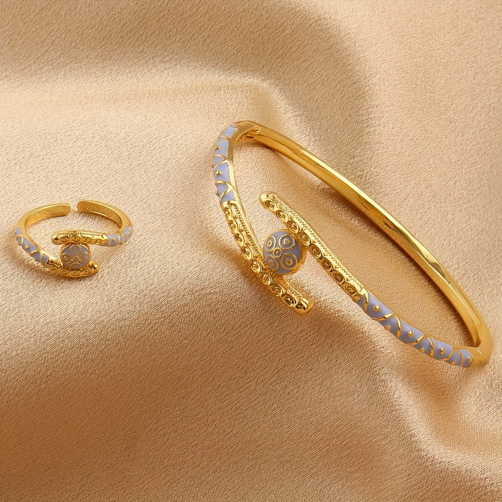 Women Boho Tribal Style Copper Cuff Bracelet and Adjustable Ring Set Gold Plated