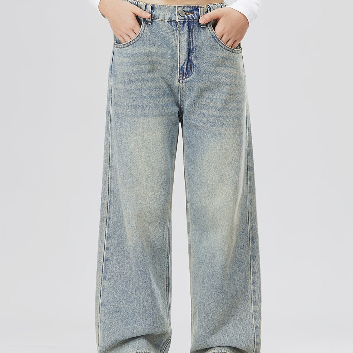 Kids' Denim Pants Girls Relaxed Fit Straight Leg Long Length Woven Cotton