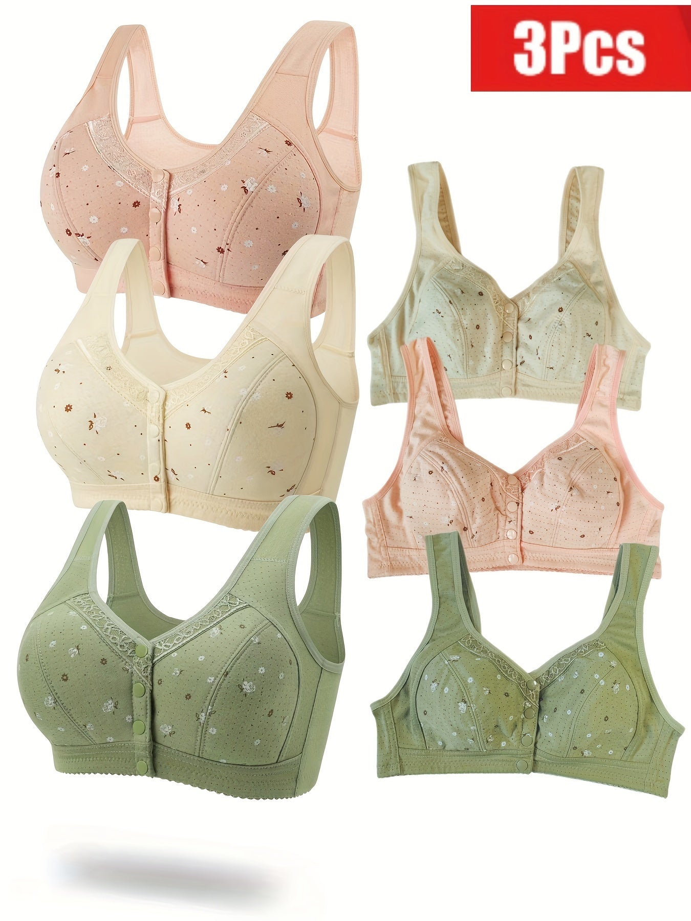 Women's Floral Print Wireless Bra Set with Front Buttons and Adjustable Straps