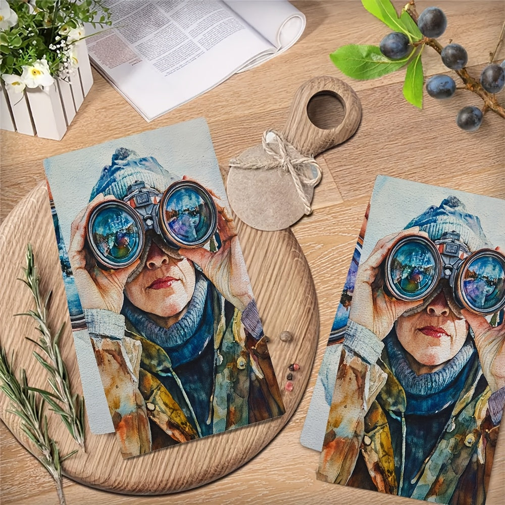 Set of 2 Ultra Soft Kitchen Towels Binoculars Scene Absorbent Dish Towels 16x24 Inches
