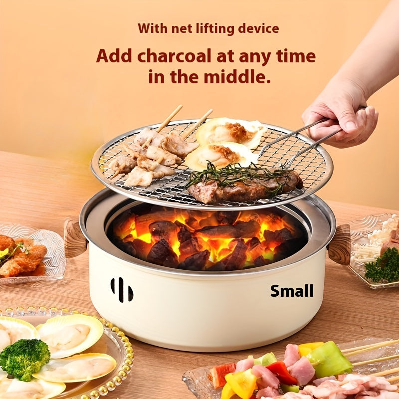 Portable Smokeless Charcoal BBQ Grill with Carbon Basin and Lifting Device for Outdoor Cooking