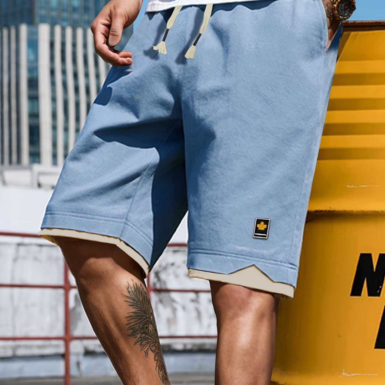 Men's Casual Elastic Waist Shorts with Pockets for Summer Solid Polyester