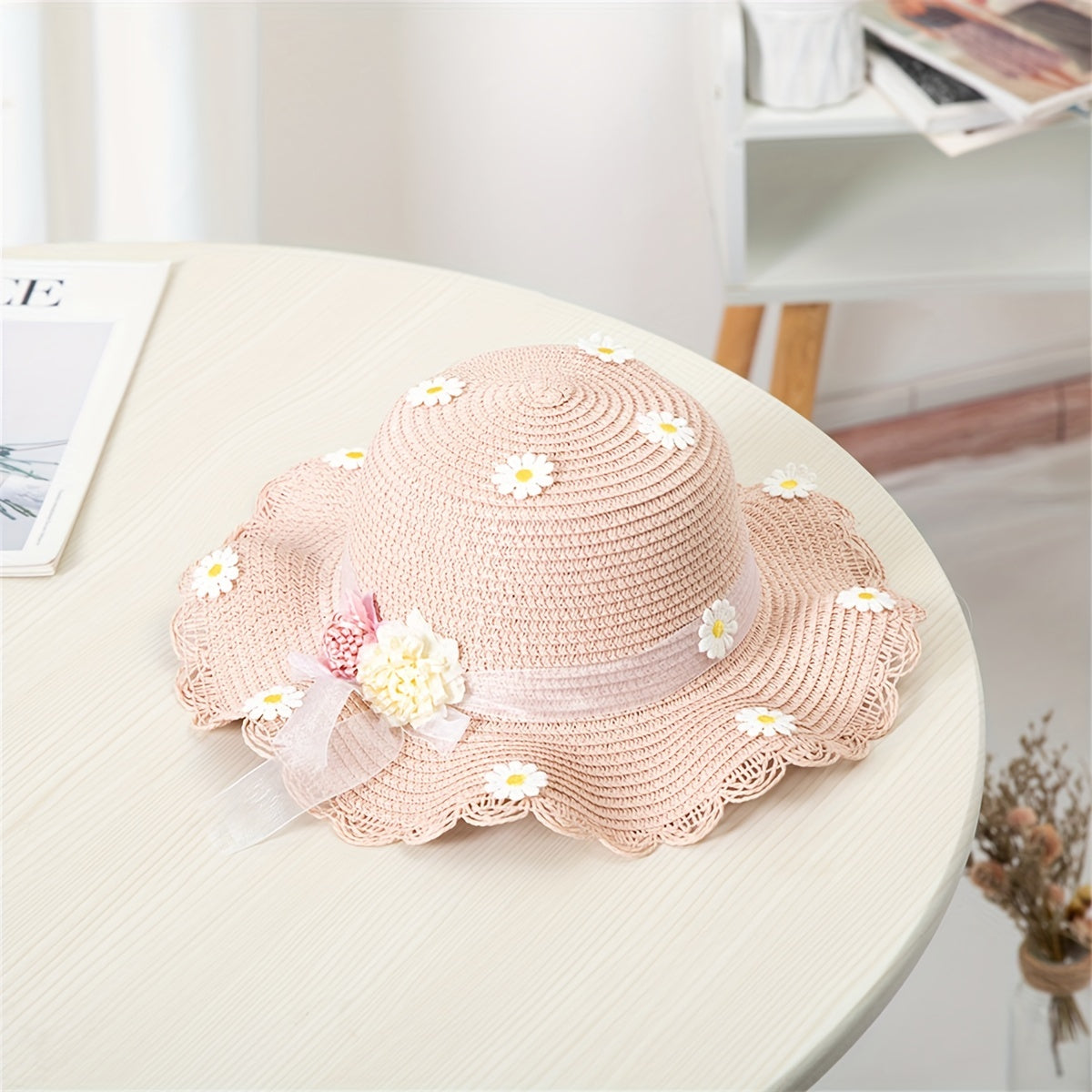 Teen Girls Straw Hat with Daisy Pattern and Matching Bag Summer Water-Resistant