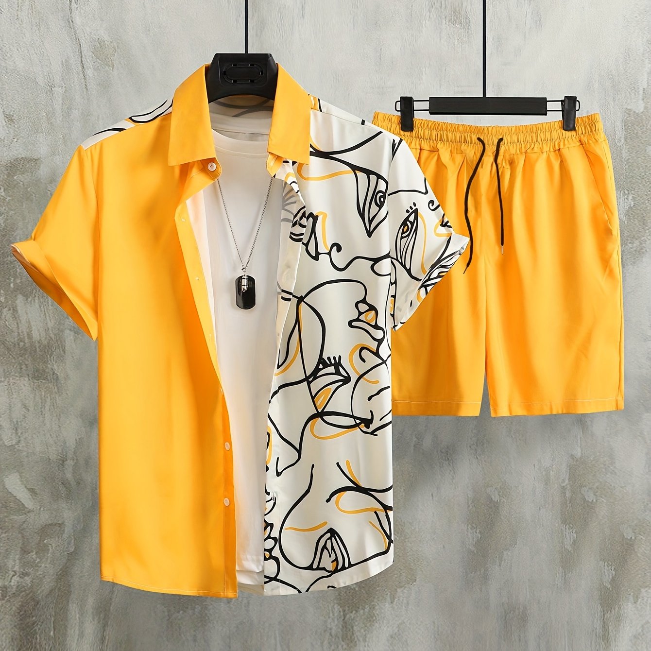 Men's Beige Geometric Pattern Polyester Shirt and Shorts Set All-Season Casual