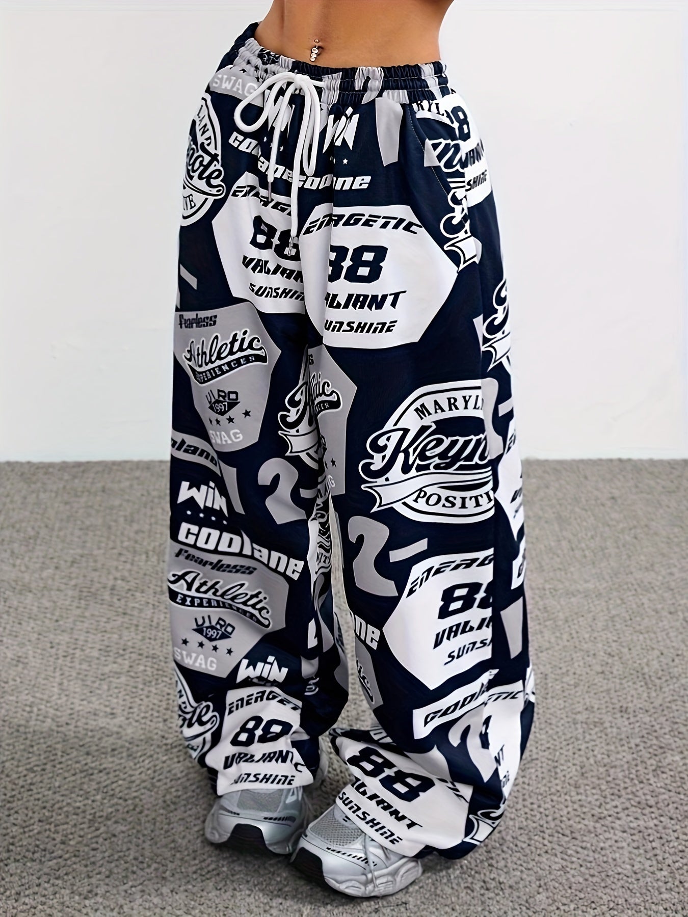 Women's Y2K Style Wide Leg Casual Soccer Pants with Letter Print Polyester Knit Drawstring Waist All-Season