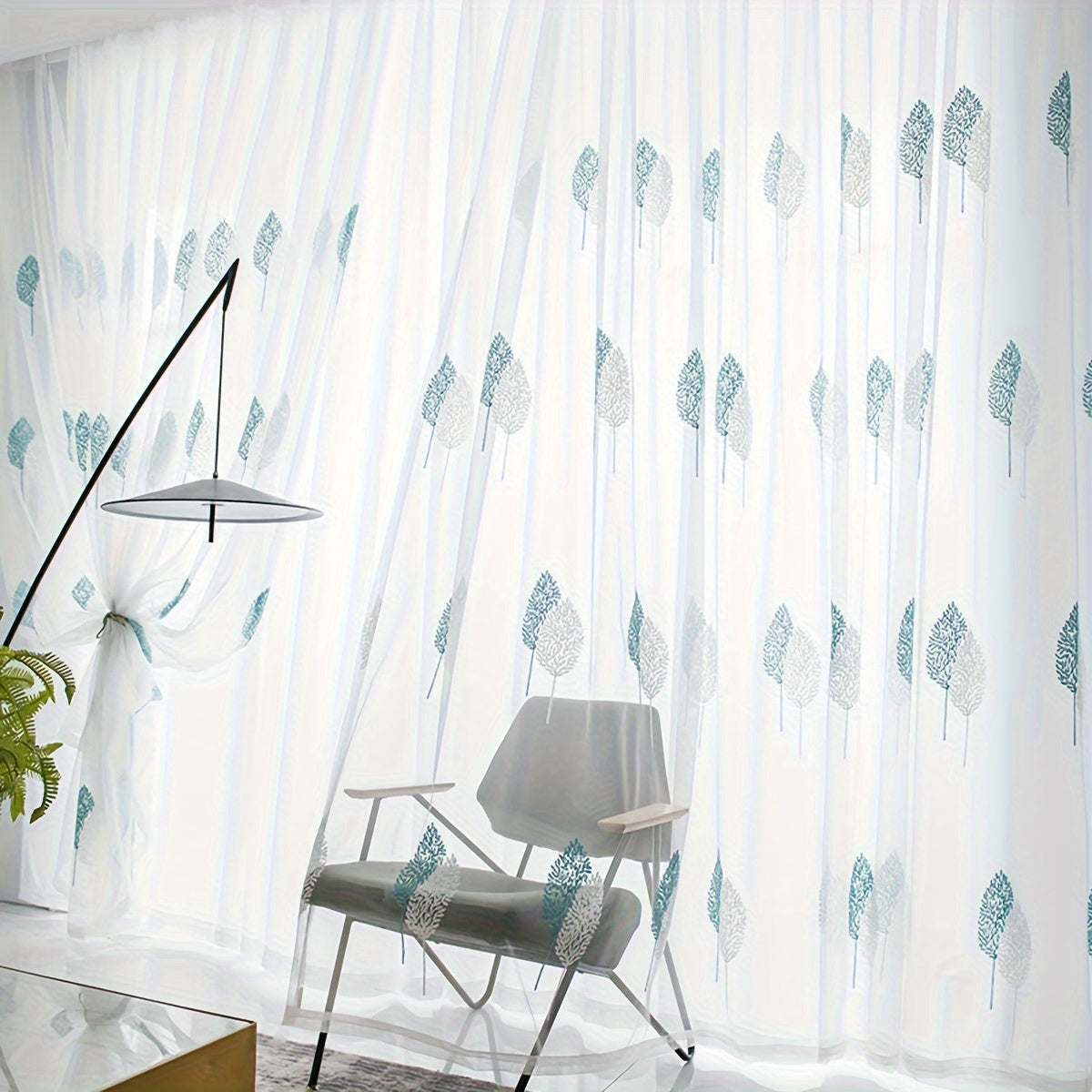 Sheer Leaf Embroidered Curtain with Rod Pocket for Living Room or Bedroom