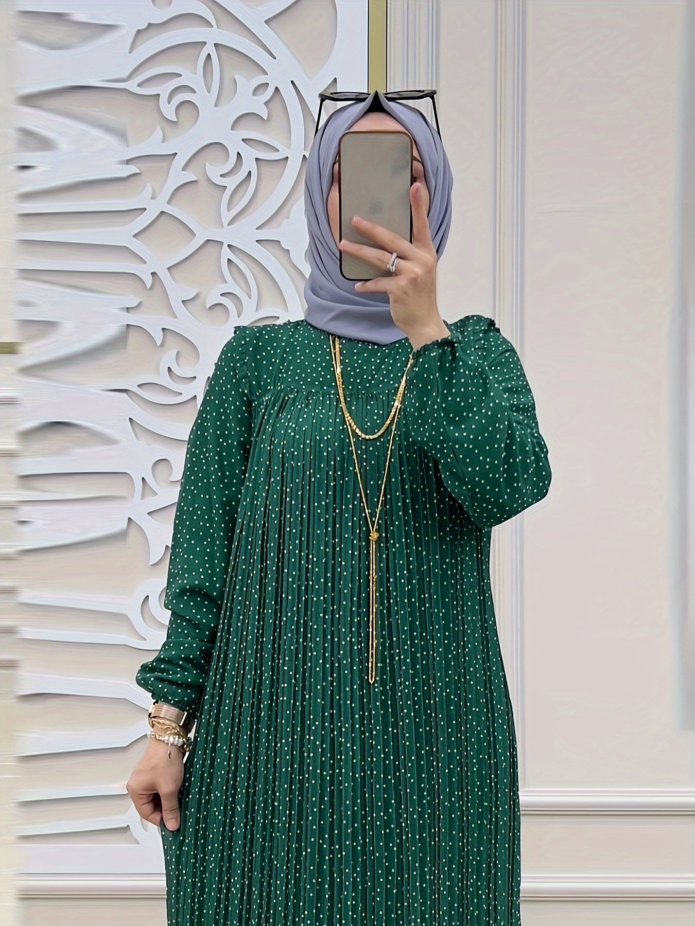 Women's Polka Dot Maxi Dress with Ruffle Hem Long Sleeves Crew Neck Pleated Back