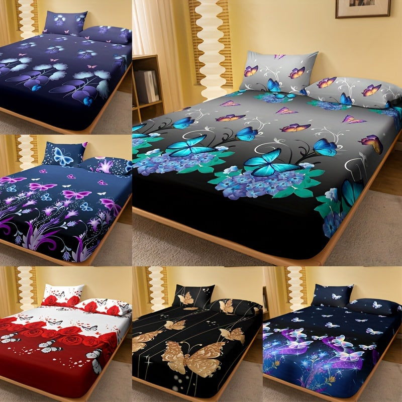 Butterfly Floral Print Fitted Sheet Soft Cozy Bedding Deep Pocket Mattress Protector