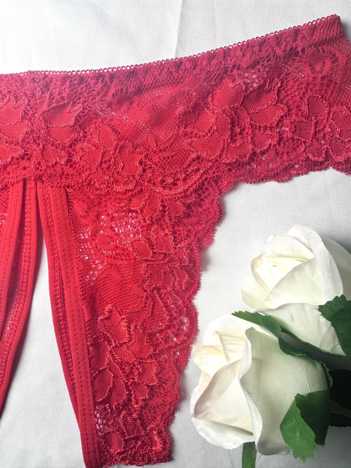 Women's Lace Trim Triangle Lingerie and Mesh Open Crotch Panties