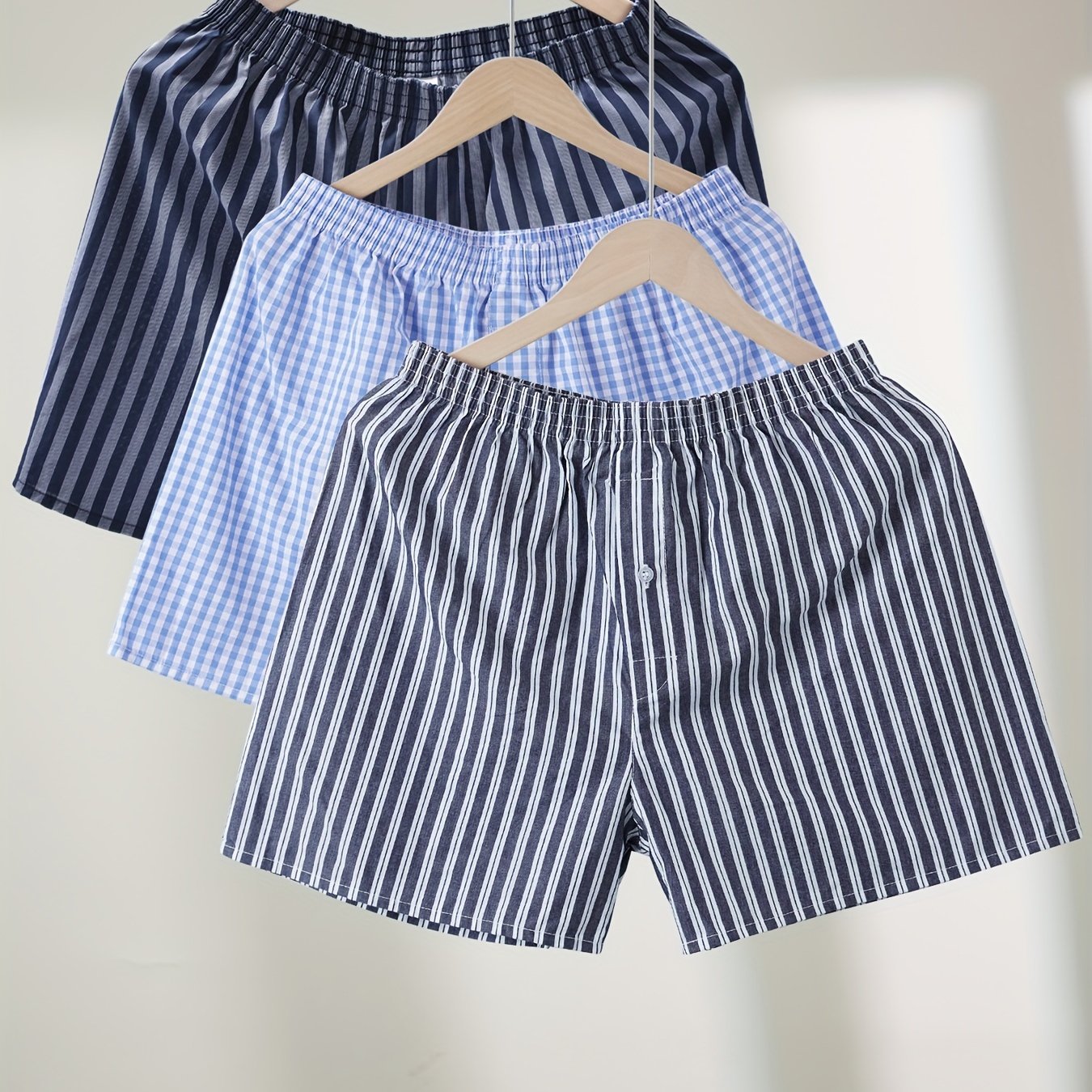 Men's Cotton Boxer Shorts 3 Pack Elastic Waistband Pockets Striped Plaid