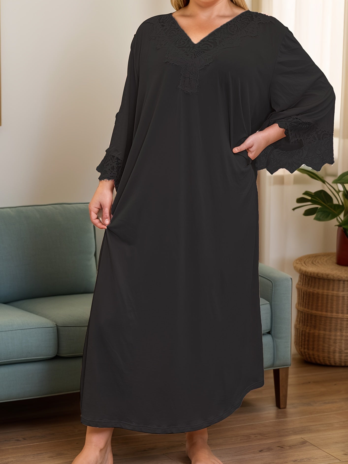 Plus Size Women's Satin Nightgown With Contrast Lace Cap Sleeve