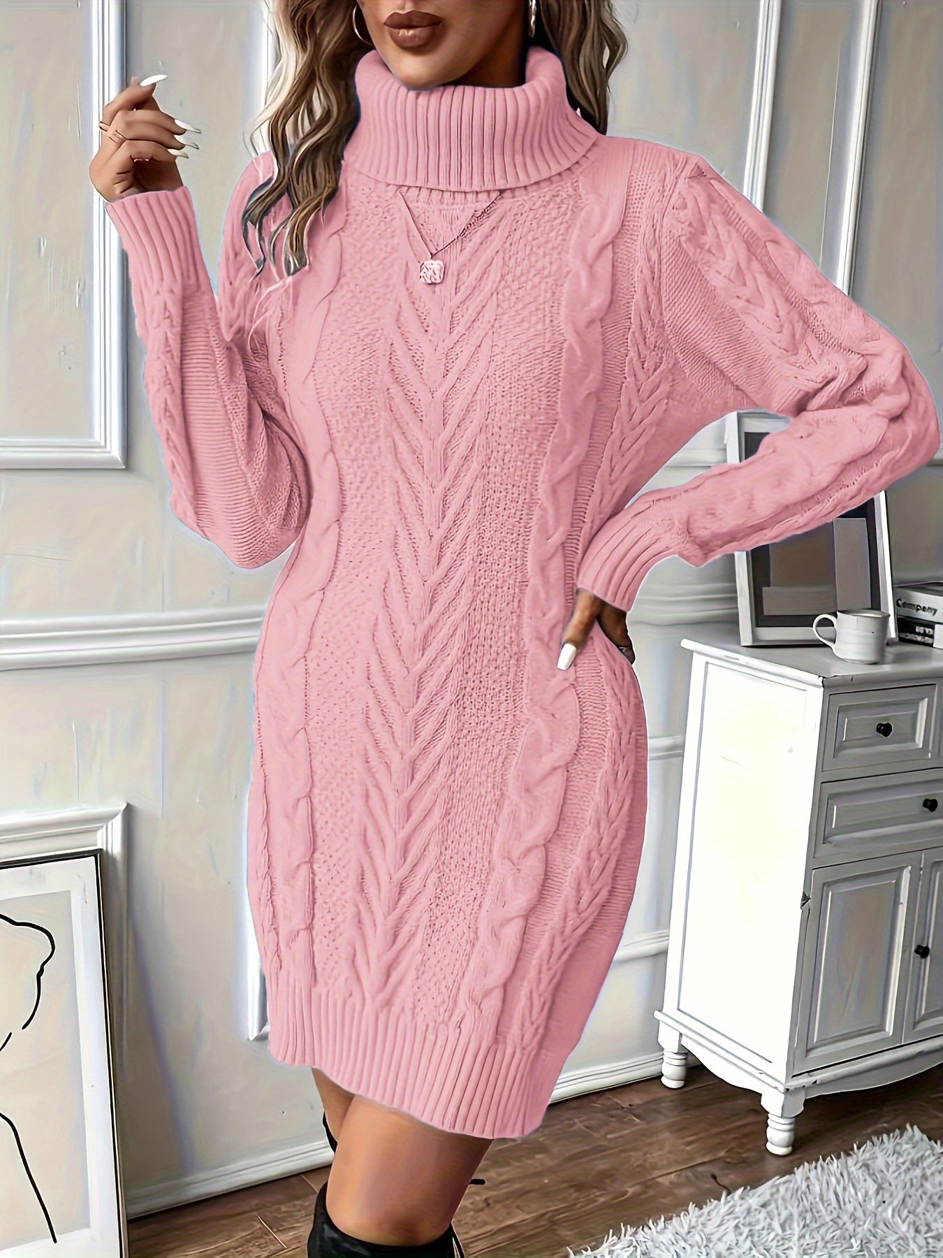 Women's Knit Turtleneck Dress Polyester Solid Slim Fit Long Sleeve Plus Size