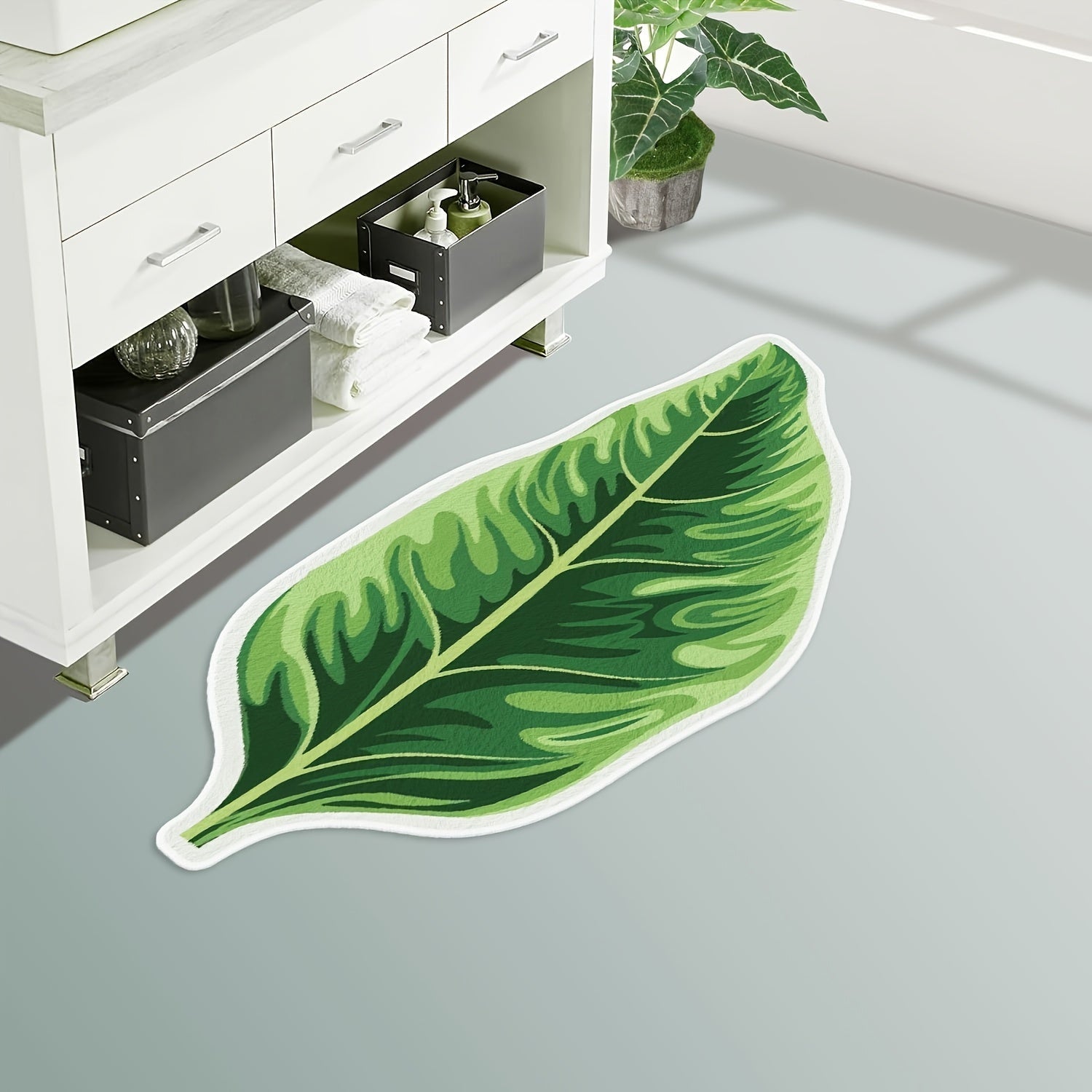 Green Leaf Velvet Non-Slip Bathroom Mat for Bedroom Living Room Floor Decor